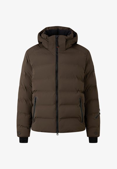 Brown padded jacket with a hood, featuring a front zipper, side pockets with zippers, and elastic cuffs. Smooth, water-resistant fabric.