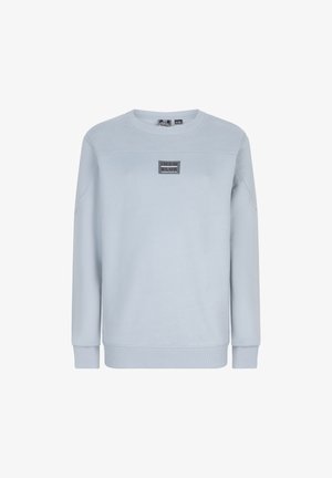 Lichtblauwe sweatshirt van zacht materiaal, met een ronde hals, geribbelde mouwen en een rechthoekige zwarte logopatch op de borst.