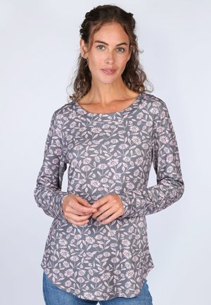 Long-sleeve floral shirt in dark gray with light pink botanical pattern, round neckline, and curved hem. Made from soft, breathable fabric.