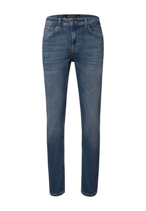 Jeans da uomo slim fit blu con tasche frontali, passanti per cintura e chiusura con bottoni, mostrati su sfondo bianco.