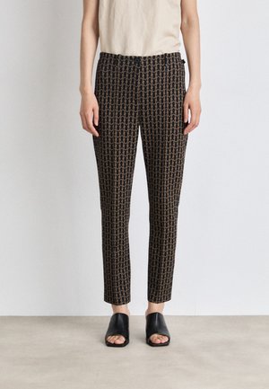 Black and brown patterned trousers made of woven fabric, featuring a slim fit, subtle sheen, and a flat front with a standard waistband.