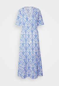 Robe longue à motifs bleus et blancs avec des manches courtes, un col en V et un lien ajustable à la taille. Jupe fluide avec un ourlet froncé.