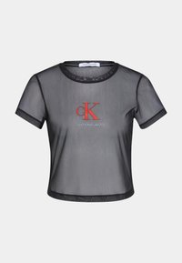 Černý průhledný top s krátkým rukávem a kulatým výstřihem, s červeným logem "CK" ve středu a černým lemem na rukávech a spodním okraji.