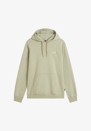 Jasnobeżowa bluza z kapturem typu pullover z przednią kieszenią kangurką, kapturem z regulowanym sznurkiem, ściągaczami na rękawach oraz subtelnym logo Vans na piersi.