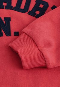 Felpa rossa con lettering ricamato blu navy. Il polsino presenta una texture a coste, con una finitura del tessuto liscia.