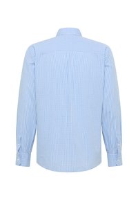 Jasnoniebieska koszula w kratę z długim rękawem, wykonana z bawełny, z kołnierzykiem zapinanym na guziki, guzikami przy mankietach oraz z wykończeniem na plecach.