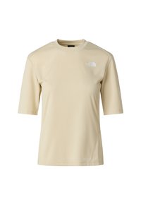 Chemise à manches courtes couleur sable en tissu texturé, avec un petit logo blanc sur le haut à gauche et un ourlet droit à la taille.