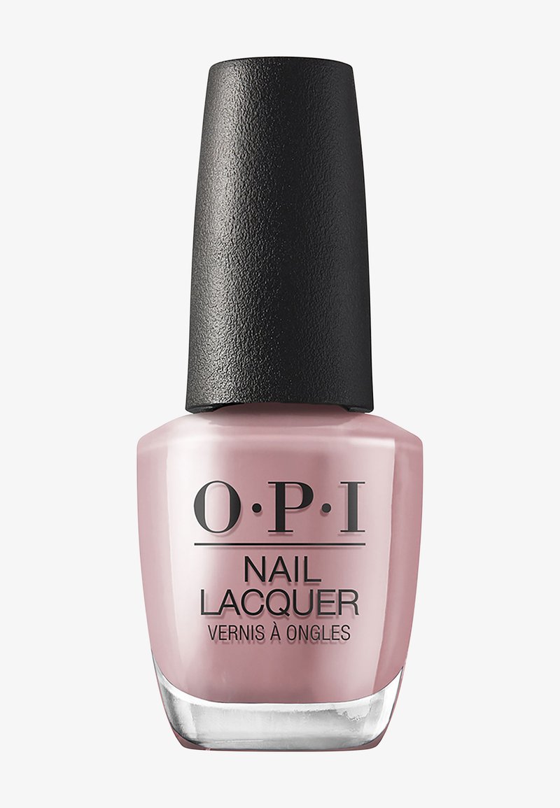 Flacon de vernis à ongles OPI avec un vernis mauve pâle et un bouchon noir texturé, étiqueté en anglais et en français.