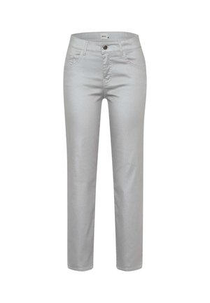 Hellgraue, schmal geschnittene Jeans aus Denim. Mit einem vorderen Knopfverschluss und fünf Taschen. Glatte Textur mit minimalen Nahtdetails.