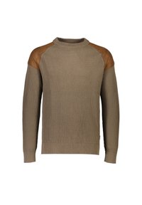 Maglione marrone a costine con maniche lunghe e dettagli in pelle sulle spalle. Presenta un collo a giro e una finitura leggermente texturizzata.