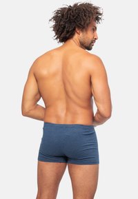 Boxer shorts blu a righe da uomo realizzati in un tessuto morbido, con un design aderente e una vita bassa, mostrati di spalle.