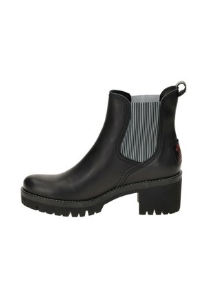 Black leather ankle boot with a patterned elastic gusset, chunky sole, and pull tab. Features a sleek, smooth upper and stitched detailing.