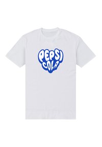 Bílé bavlněné tričko s velkým modrým logem "PEPSI COLA" v zaobleném, hravém písmu, umístěným na přední straně. Krátké rukávy, klasický střih.