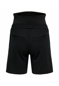 Shorts noirs taille haute avec ceinture élastique et deux poches passepoilées à l'arrière, présentés sur fond blanc.