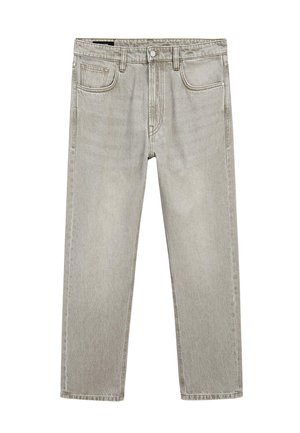 Světle šedé džíny s rovnou siluetou, pěti kapsami a knoflíkovým zapínáním. Obsahují kontrastní švy a mírně vybledlou texturu.