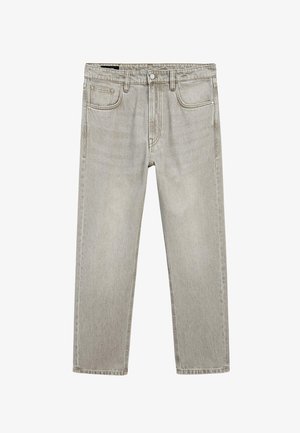 Jeans in denim grigio chiaro con una vestibilità dritta, cinque tasche e chiusura a bottoni. Presentano cuciture a contrasto e una texture leggermente sbiadita.