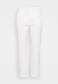 Białe bawełniane spodnie o prostym kroju, charakteryzujące się gładką teksturą, płaskim paskiem w talii i brakiem widocznych wzorów lub akcentów.