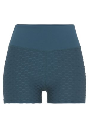 Hochtaillierte Sportshorts in Türkis mit strukturiertem Wabenmuster, glattem Bund und Flachnähten für Komfort und Flexibilität.
