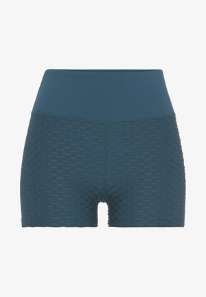 High-waisted athletic shorts in teal with textured honeycomb pattern, smooth waistband, and flatlock seams for comfort and flexibility.