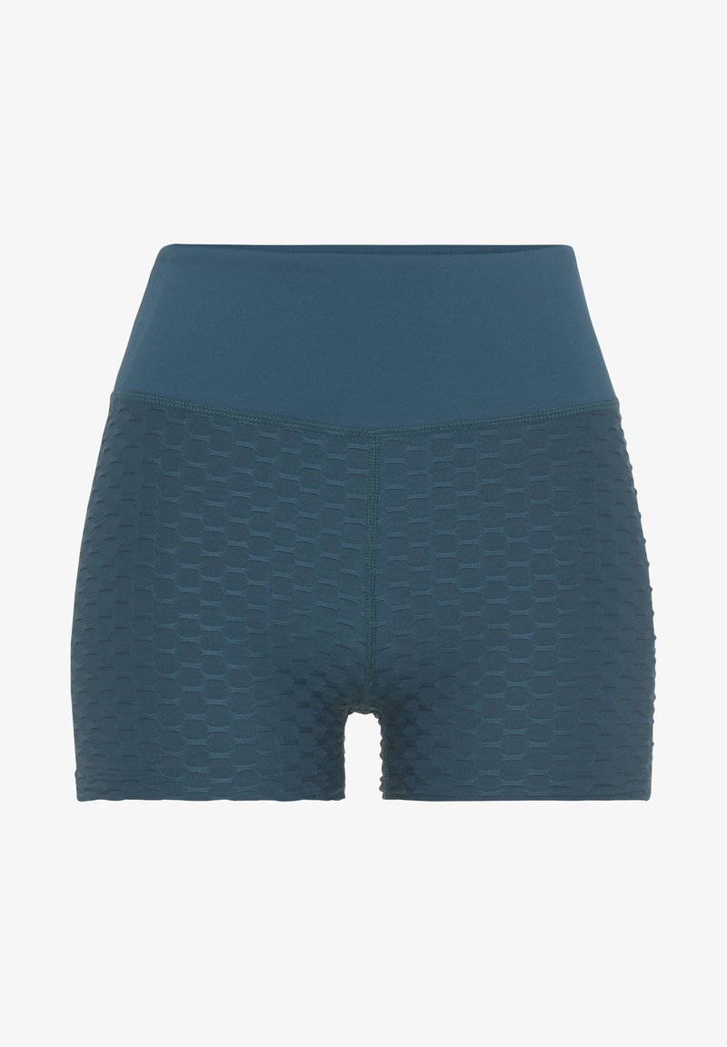 High-waisted athletic shorts in teal with textured honeycomb pattern, smooth waistband, and flatlock seams for comfort and flexibility.