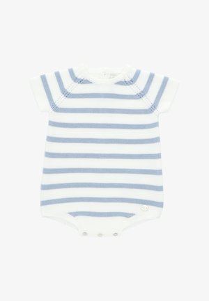 Pelele de punto blanco para bebé con rayas horizontales azul claro, mangas cortas, cuello redondo y cierre de broches en la parte inferior.
