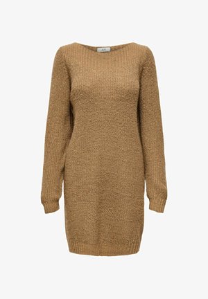 Hosszú ujjú pulóverruha textúrált, világosbarna kötött anyagból. Széles nyakkivágással és bordás mandzsettákkal, valamint alsó szegéllyel rendelkezik.