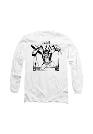 Weißes Langarmshirt mit schwarz-weißer Grafik von Wolverine, der mit ausgefahrenen Krallen unter dem Marvel X-Men-Logo zuspringt.