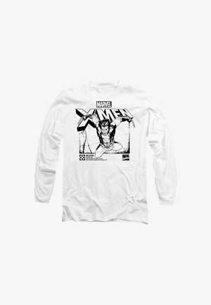 Weißes Langarmshirt mit schwarz-weißer Grafik von Wolverine, der mit ausgefahrenen Krallen unter dem Marvel X-Men-Logo zuspringt.