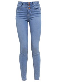 Jean bleu taille haute en mélange de coton avec une coupe skinny, doté de trois boutons de fermeture et d'un design classique à cinq poches.