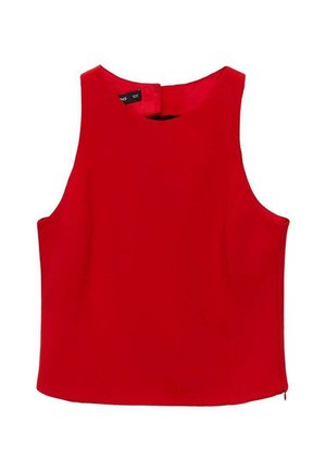 Red, sleeveless top with a round neckline. Made from smooth fabric, features a zip closure on the side, and has a fitted silhouette.