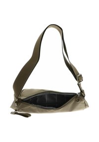 Piccola borsa a tracolla verde oliva con tracolla regolabile e zip aperta che mostra l'interno foderato di nero.