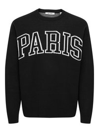 Black sweater featuring a prominent white "PARIS" logo across the chest. Round neckline, long sleeves, and ribbed cuffs and hem.