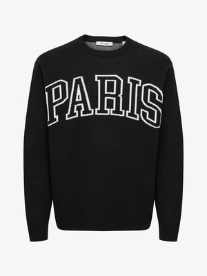 Black sweater featuring a prominent white "PARIS" logo across the chest. Round neckline, long sleeves, and ribbed cuffs and hem.