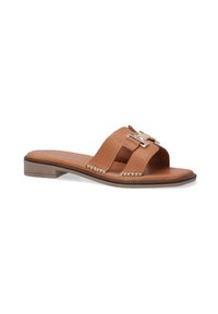 Tan leather slide sandal with two wide straps and a decorative metallic buckle. Features a low block heel and stitched detail along the sole.