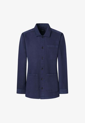 Marineblaue Jacke mit Kragen, Vorderknopfverschluss, zwei Fronttaschen und einer Brusttasche. Aus glattem, strukturiertem Stoff gefertigt.