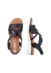 Sandales en cuir noir avec brides croisées et tressées, semelle intérieure rembourrée couleur fauve, et semelle extérieure blanche striée, vues de dessus et de côté.