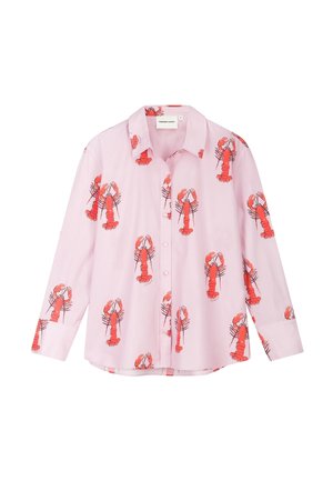 Light pink long-sleeve button-up shirt with red lobster prints evenly distributed across the fabric.