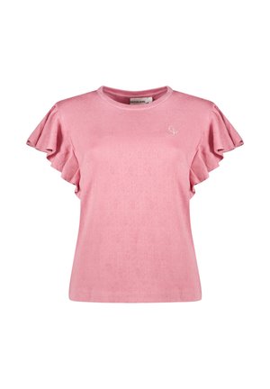 T-shirt rose à manches courtes avec volants, col rond et un motif subtil. Présente un petit logo sur la poitrine. Tissu mélange de coton.