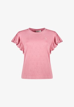 Roze T-shirt met korte geruffle mouwen, ronde hals en een subtiel patroon. Bevat een klein logo op de borst. Gemaakt van een katoenmix.