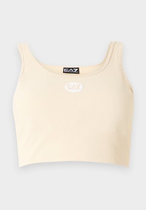 Bézs bordázott, rövidített trikó széles pántokkal, az EA7 Emporio Armani logókkal a mellrészen és a belső gallérnál.