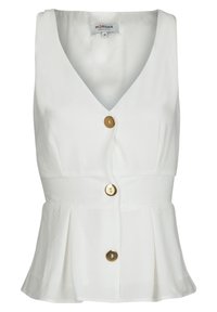 Bílý top bez rukávů s výstřihem do V, přední knoflíky ve zlaté barvě a peplum lem. Hladká tkanina s jednoduchým, čistým designem. Velikost 36.