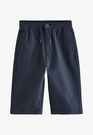 Pantalones cortos azul marino hasta la rodilla con cintura elástica, cordón ajustable, cierre de botón y bolsillos laterales, diseñados para uso casual.