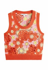 Krokvitt virkatt topp utan ärmar med en orange ribbad halsringning och blommönster i rosa, gult och orange, med en texturerad yta.