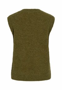 Majica brez rokavov iz pletenine v temno olivno zeleni barvi, z rebrasto teksturo in okroglim izrezom. Enostaven dizajn brez okrasnih elementov.