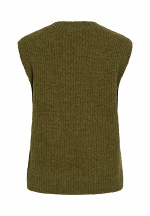 Pull en maille sans manches de couleur vert olive foncé, présentant une texture côtelée et un col rond. Design simple sans embellissements.