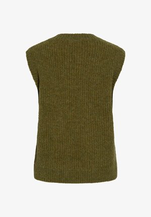 Kleita bez piedurknēm tumši zaļā olīvkrāsā, ar ribotu tekstūru un apaļu kakla izgriezumu. Vienkāršs dizains bez rotājumiem.