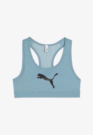 Brassière de sport bleu clair avec dos nageur et logo Puma noir centré sur le devant.