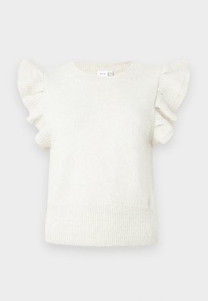 Kreemjas toonis kudumata ilma varrukateta sviiter, millel on volangdetailid õlgadel ning soonikäärid hemme ja kaelaaias.