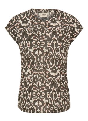 Kurzärmeliges Oberteil aus weichem Stoff mit einem komplexen Blumenmuster in Brauntönen, Creme und gedämpftem Rosa. Rundhalsausschnitt, lockere Passform.