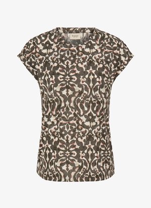Kortærmet bluse i blødt stof med et komplekst blomsterprint i nuancer af brun, creme og afdæmpet pink. Rund halsudskæring, afslappet pasform.